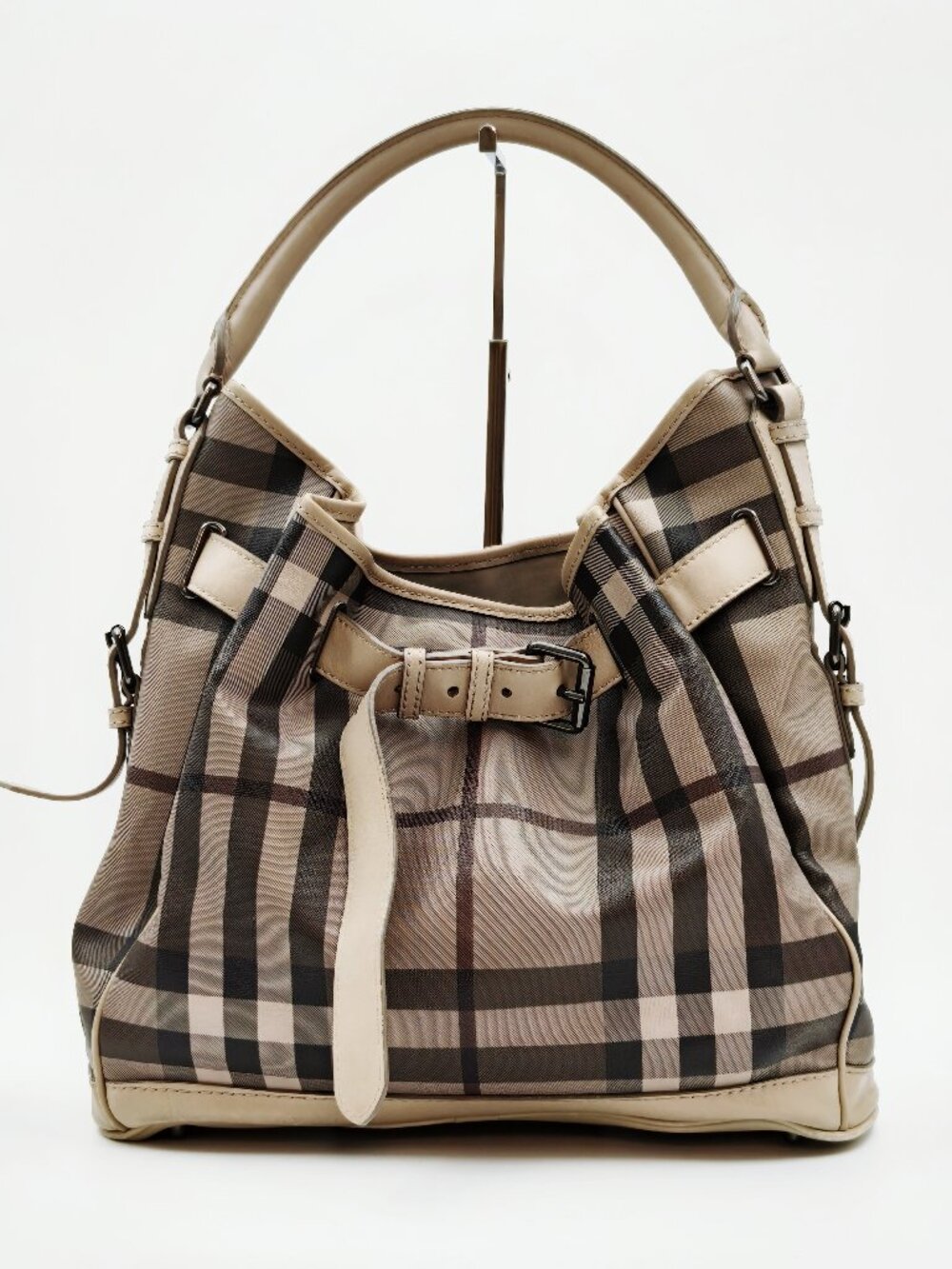 Burberry Nova Check Plaid Leather Trim Hobo Shoulder Bag Beige Brown Large